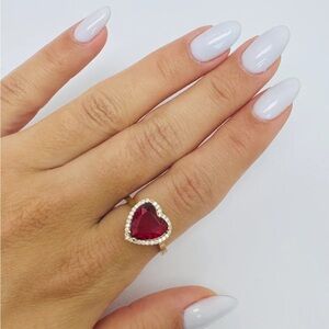 10k Solid Yellow Gold Red Heart Halo Ring